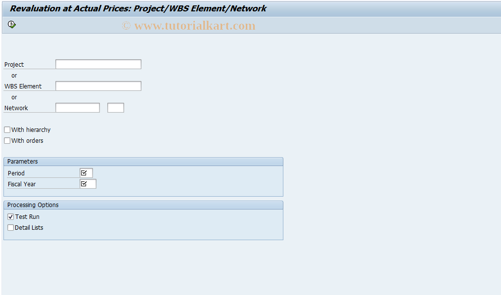 SAP TCode CJN1 - Revaluation at Actual Prices : Projects / WBS Elements / Networks