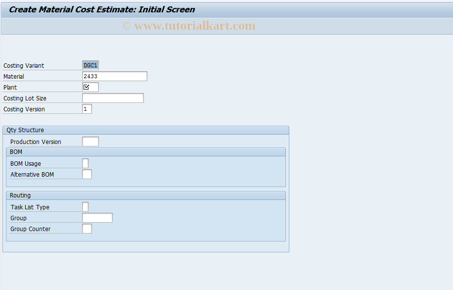 SAP TCode CK11 - Create Product Cost Estimate