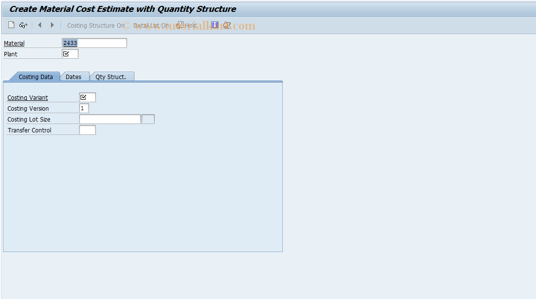 SAP TCode CK11N - Create Material Cost Estimate