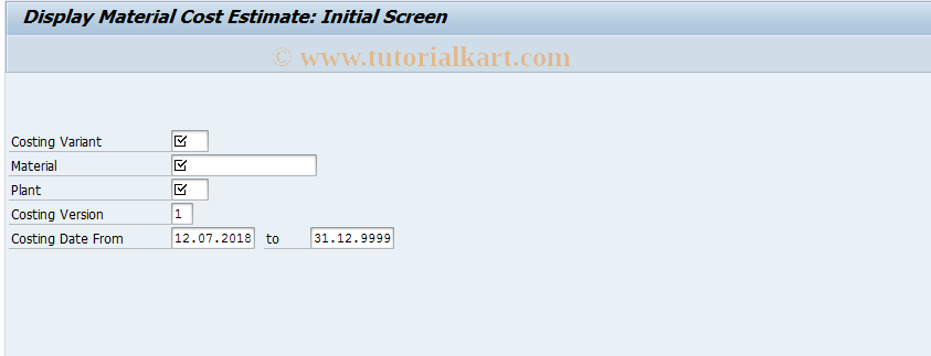 SAP TCode CK13 - Display Product Cost Estimate