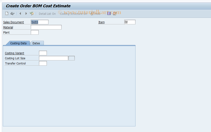 SAP TCode CK51N - Create Order BOM Cost Estimate