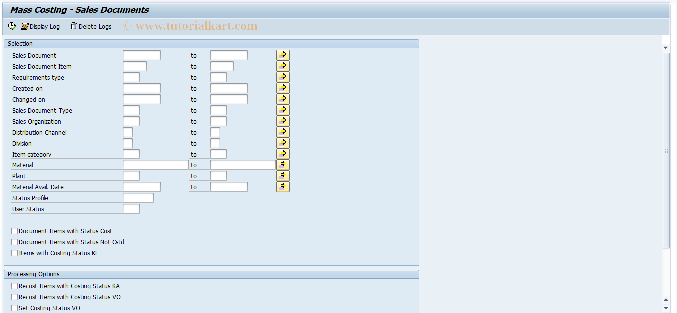SAP TCode CK55 - Mass Costing - Sales Documents