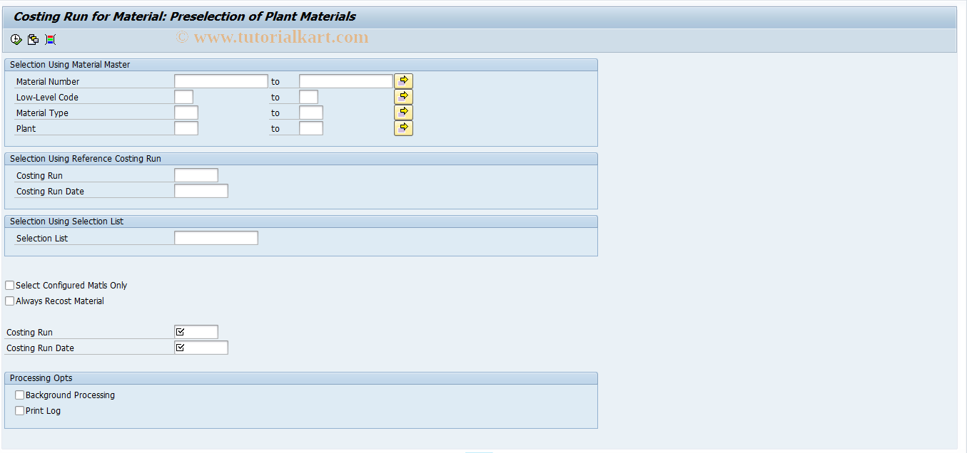 SAP TCode CK60 - Preselection for Material/Plant