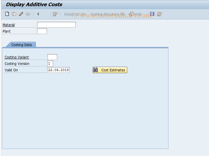 CK75N SAP Tcode Change Additive Costs Transaction Code
