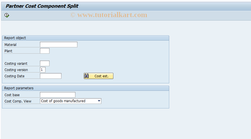 SAP TCode CK88_99 - Material: Partner Cost Comp. Split