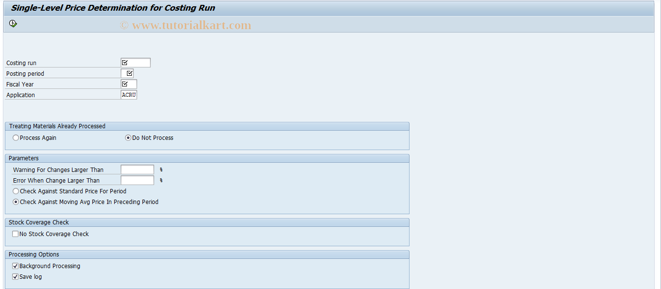 SAP TCode CKMH_RUN - Single-Level Price Determination for Costg Run