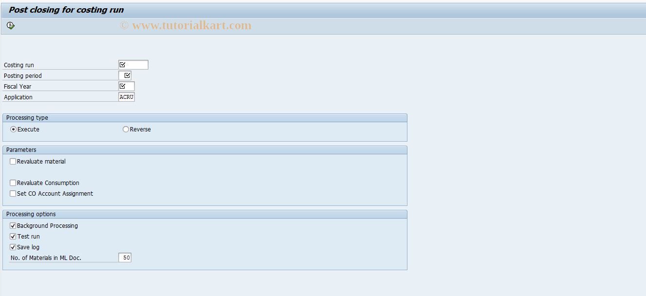 SAP TCode CKMI_RUN - Post Closing for Costing Run