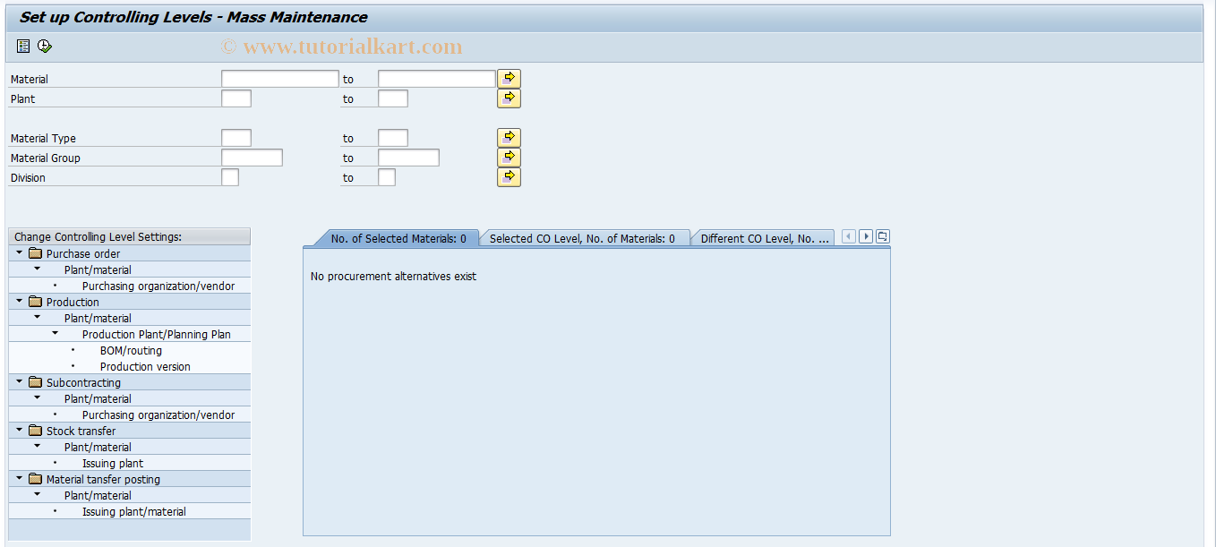 SAP TCode CKMLMV_MCA_N - Mass Maintenance: Controlling Levels