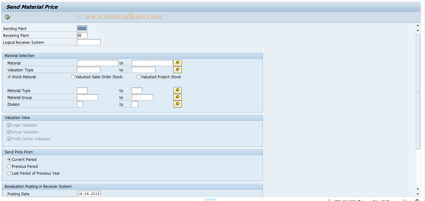 SAP TCode CKML_PRICES_SEND - Send Material Prices