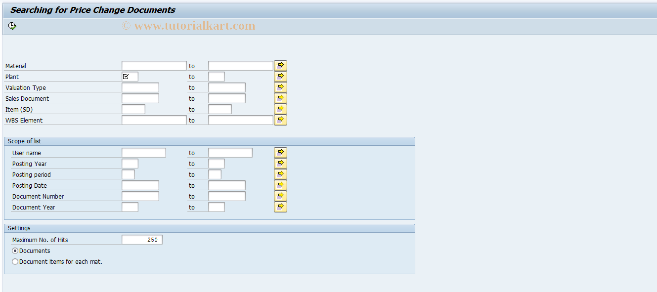 SAP TCode CKMPCSEARCH - Price Change Documents for Material