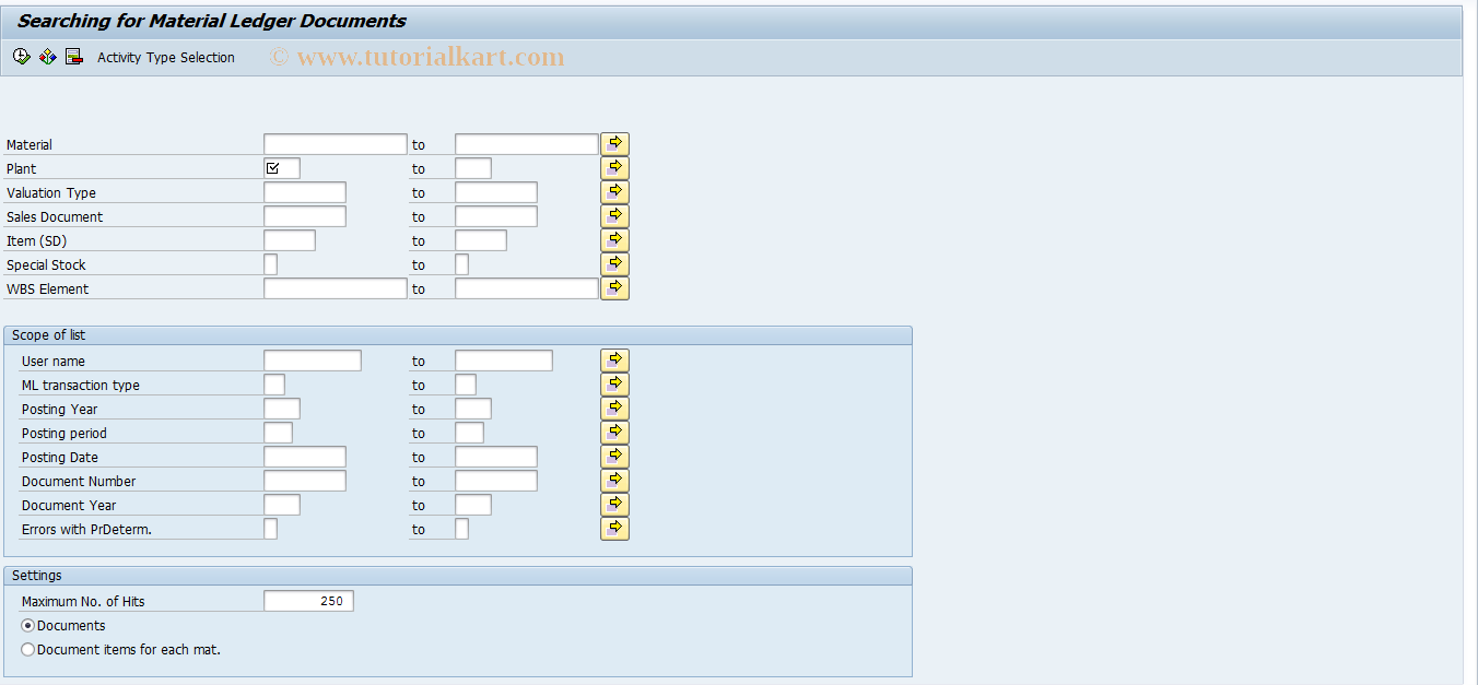 SAP TCode CKMS - Material Ledger Documents for Material