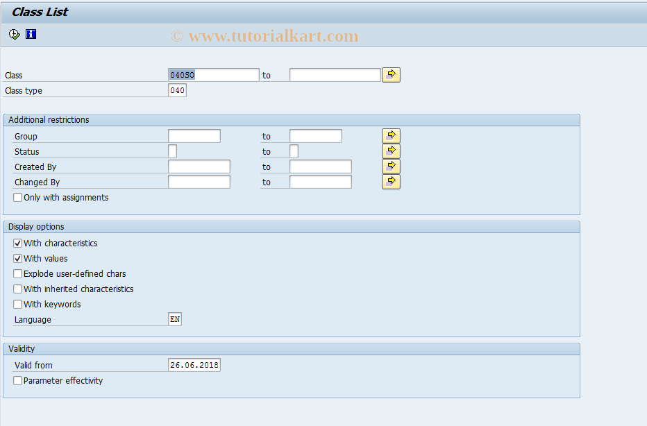 SAP TCode CL6A - Class List