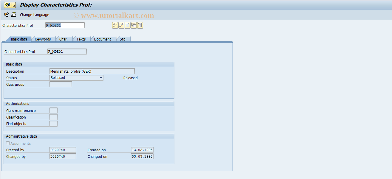 SAP TCode CLWG - Display Characteristic Profile (MMS)