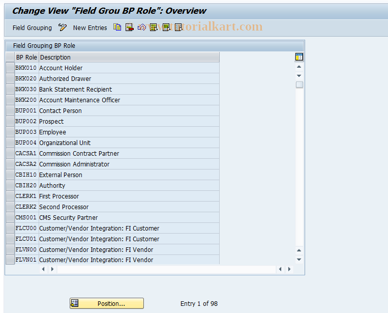 SAP TCode CMS_CUS_BDT_101 - CMS Cust: BP Role Field Grouping