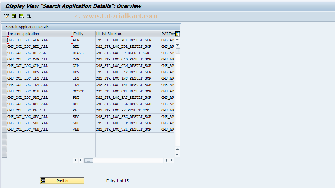 SAP TCode CMS_CUS_LOC_01 - Search Application Customizing