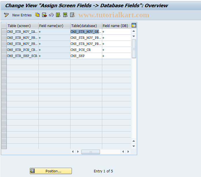 SAP TCode CMS_CUS_OMS_BDT_011 - CMS Control: Asn.scrn.fld->dbase fld