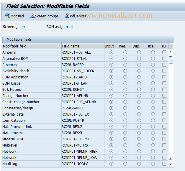 SAP TCode CN37 - BOM Allocation Field Selection