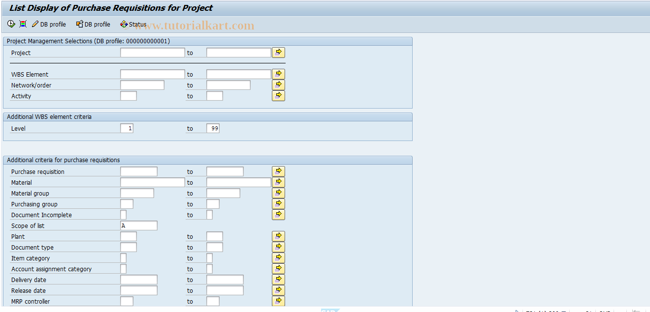 SAP TCode CNB1 - Purchase requisitions for project