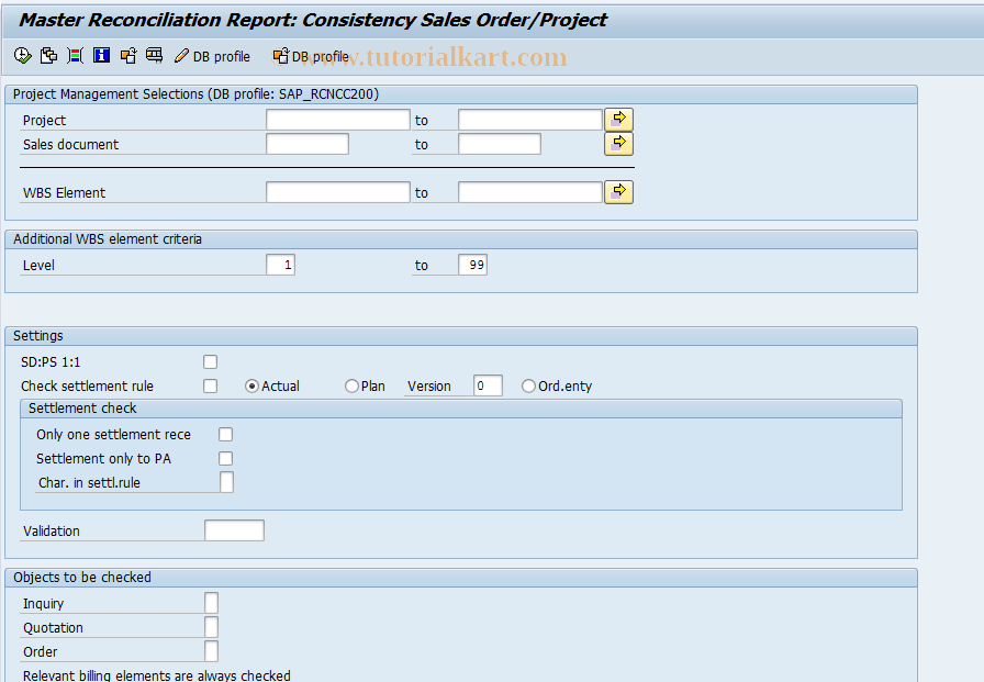 SAP TCode CNC5 - Consistency checks sales order/proj.