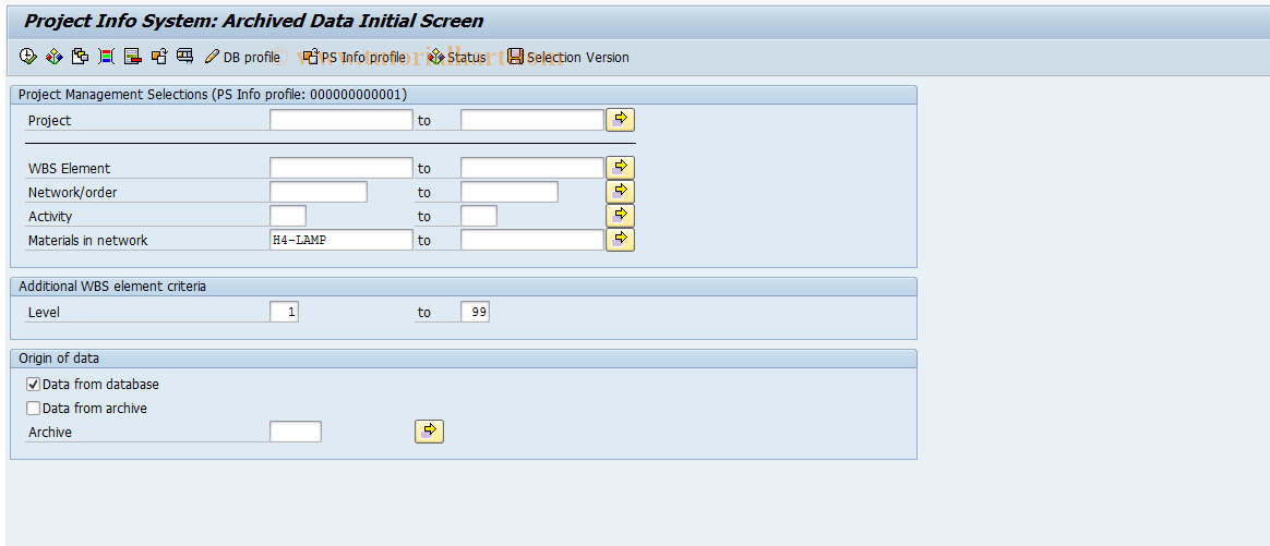 SAP TCode CNS83 - PS: Archiving project - Info System