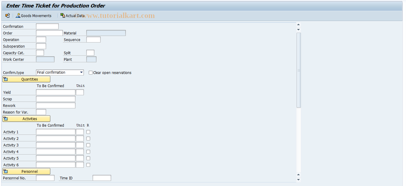 SAP TCode CO11N - Single Screen Entry of Confirmations