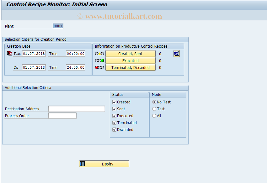 SAP TCode CO53 - Control Recipe Monitor