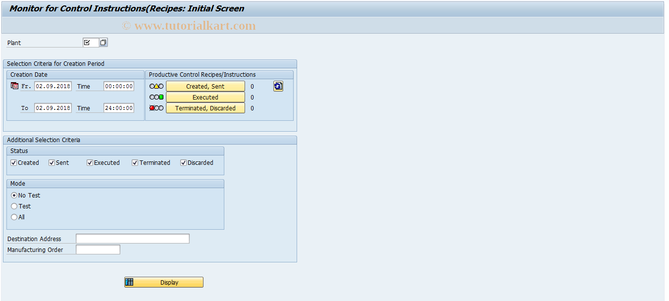 SAP TCode CO53XT - Monitor Control Instructions/Recipes