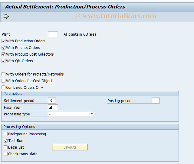 SAP TCode CO88 -  Actual Settlment: Production /Process Orders