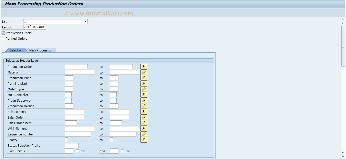 SAP TCode COHV - Mass Processing Production Orders