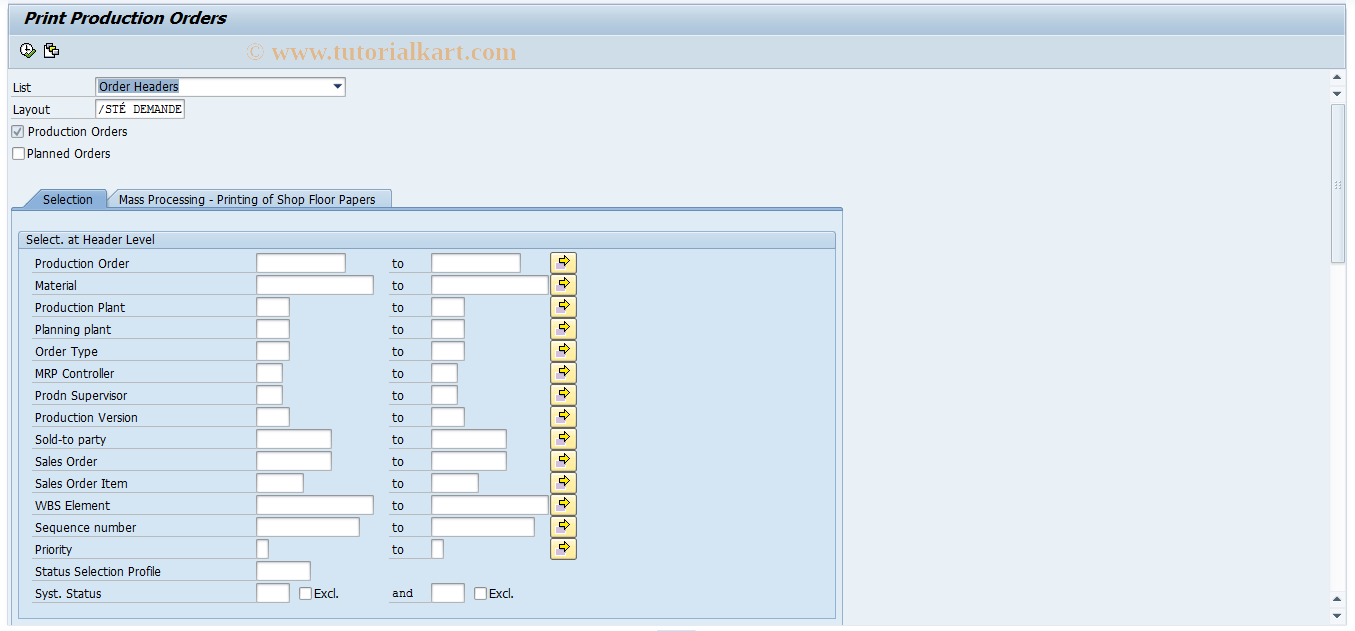 SAP TCode COHVOMPRINT - Print Production Orders