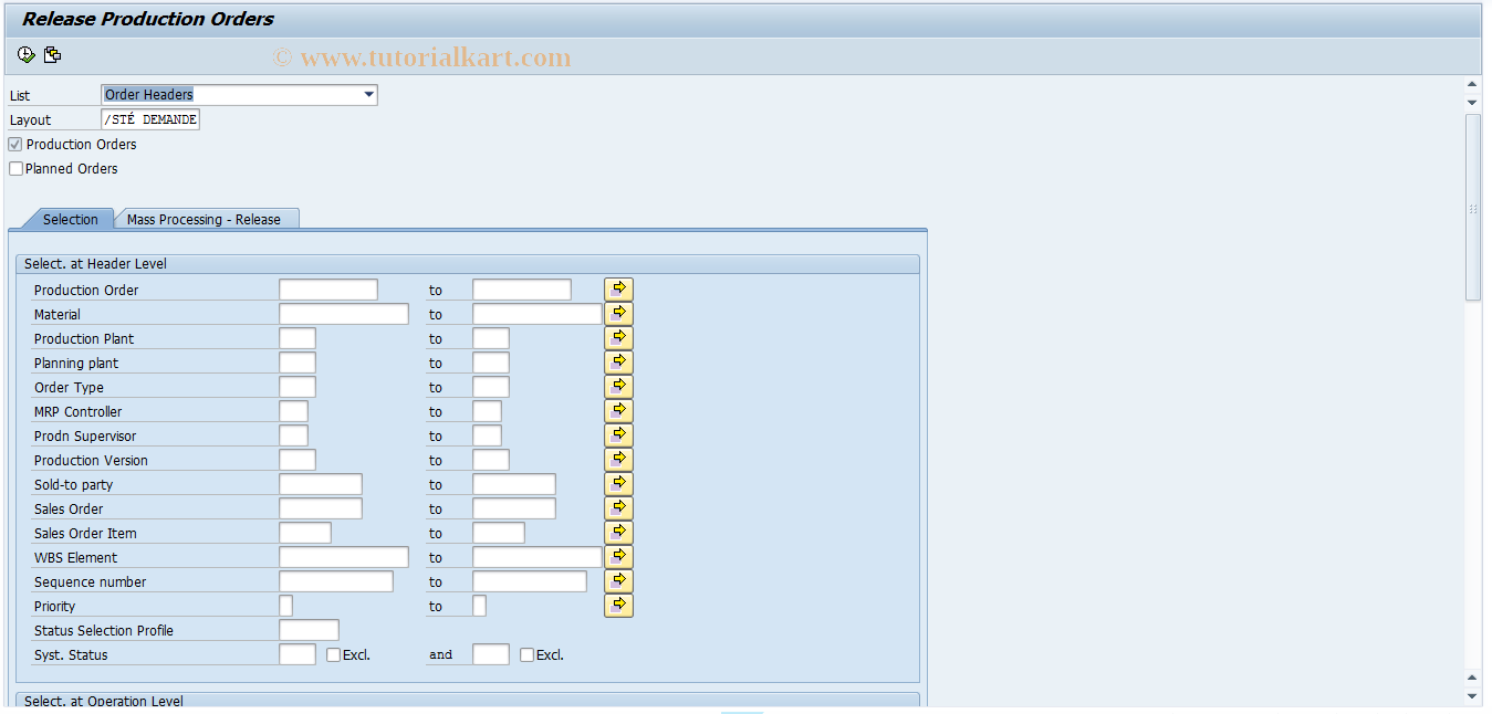 SAP TCode COHVOMRELEASE - Release Production Orders