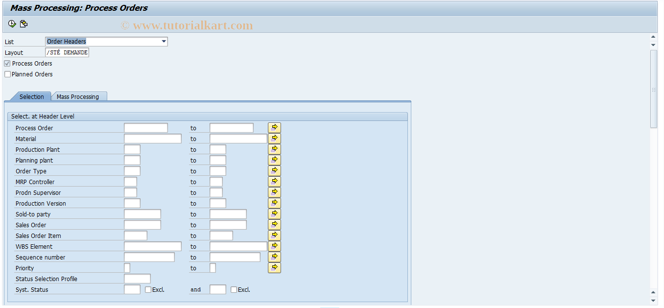 SAP TCode COHVPI - Mass Processing: Process Orders