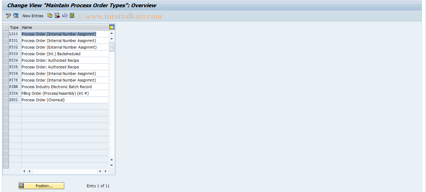 SAP TCode CORN - Order Types Process Order