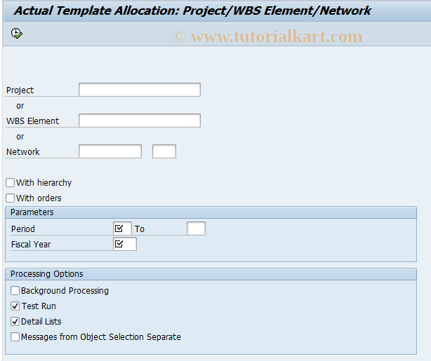 SAP TCode CPTK - Actual Template Allocation: Project