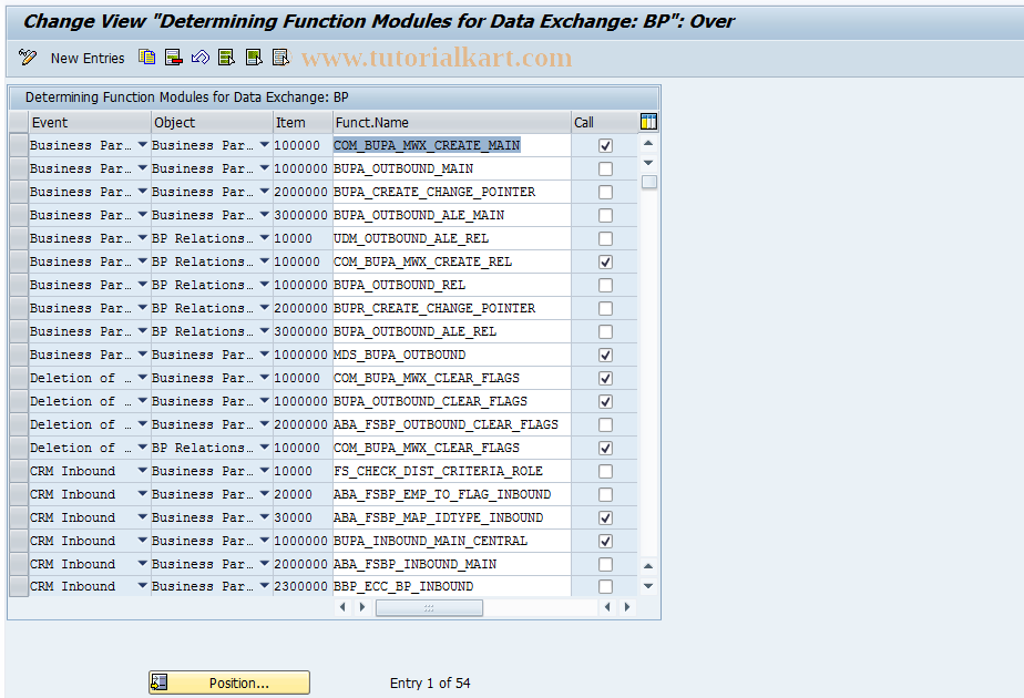 SAP TCode CRMC_BUT_CALL_FU - Determining FMs for Data Exchange:BP