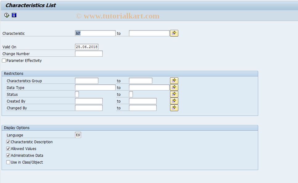 SAP TCode CT10 - Characteristics List