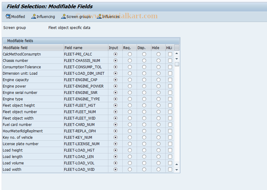 SAP TCode CUS_FLEET_01 - Field Selection Fleet Fields Equipmt