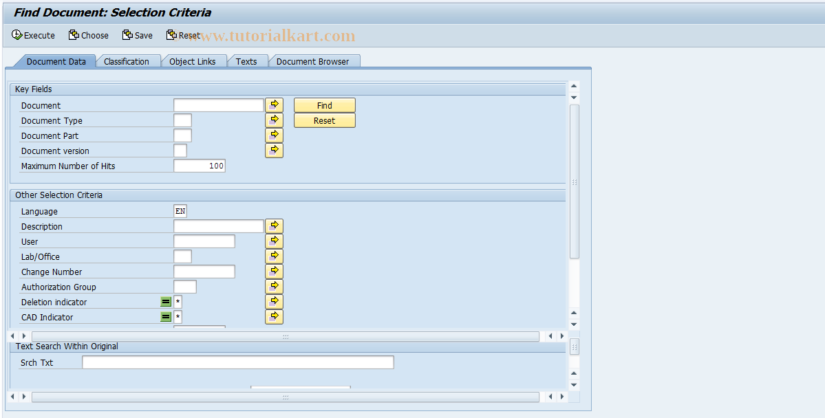 SAP TCode CVW3A - Find documents in the World Wide Web