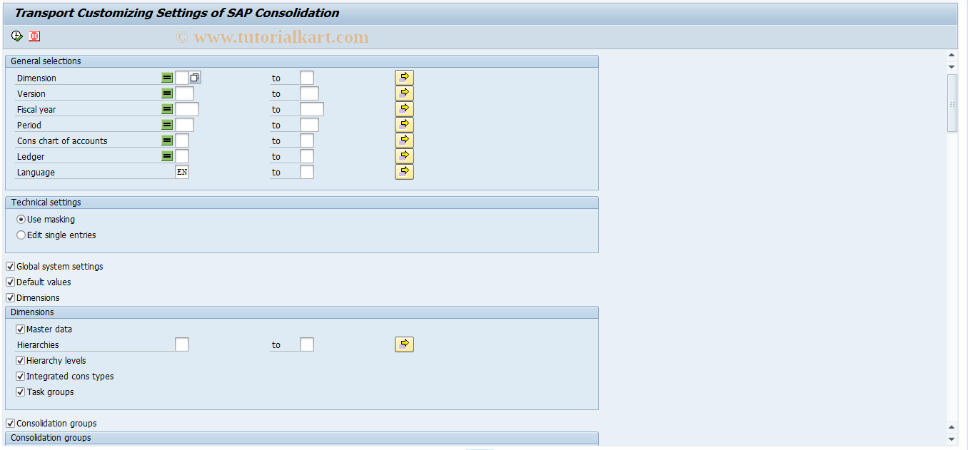 SAP TCode CX0TC - Transport of ECCS Customizing