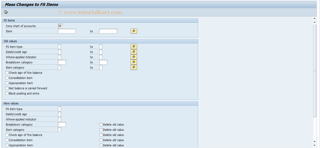 SAP TCode CX1I3 - Mass Change: FS Items