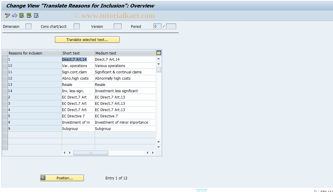SAP TCode CXDT_TF173 - Translation: Reasons for Inclusion