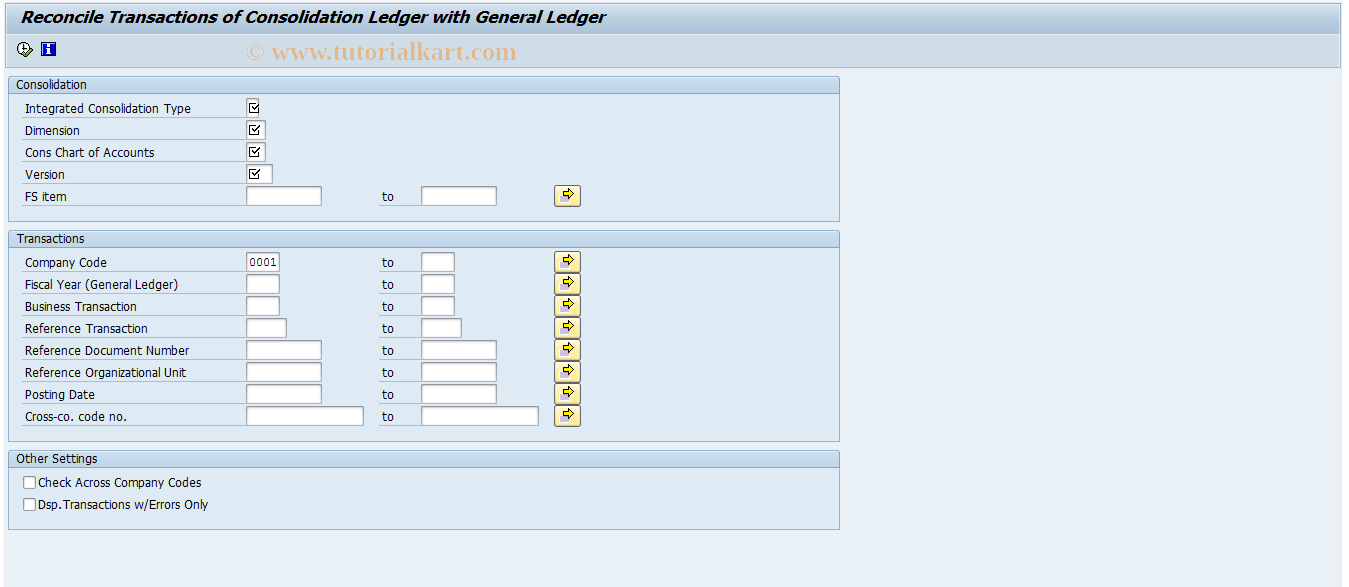 SAP TCode CXNX1 - Reconcile Transaction of G/L with Cons.