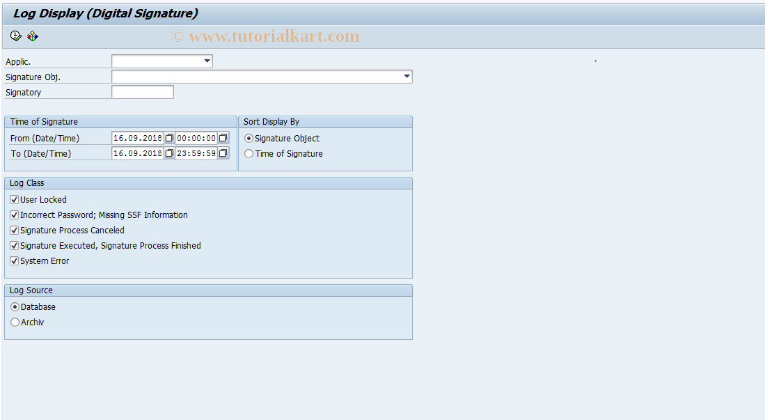 SAP TCode DSLOG - Signature Tool: Log Display