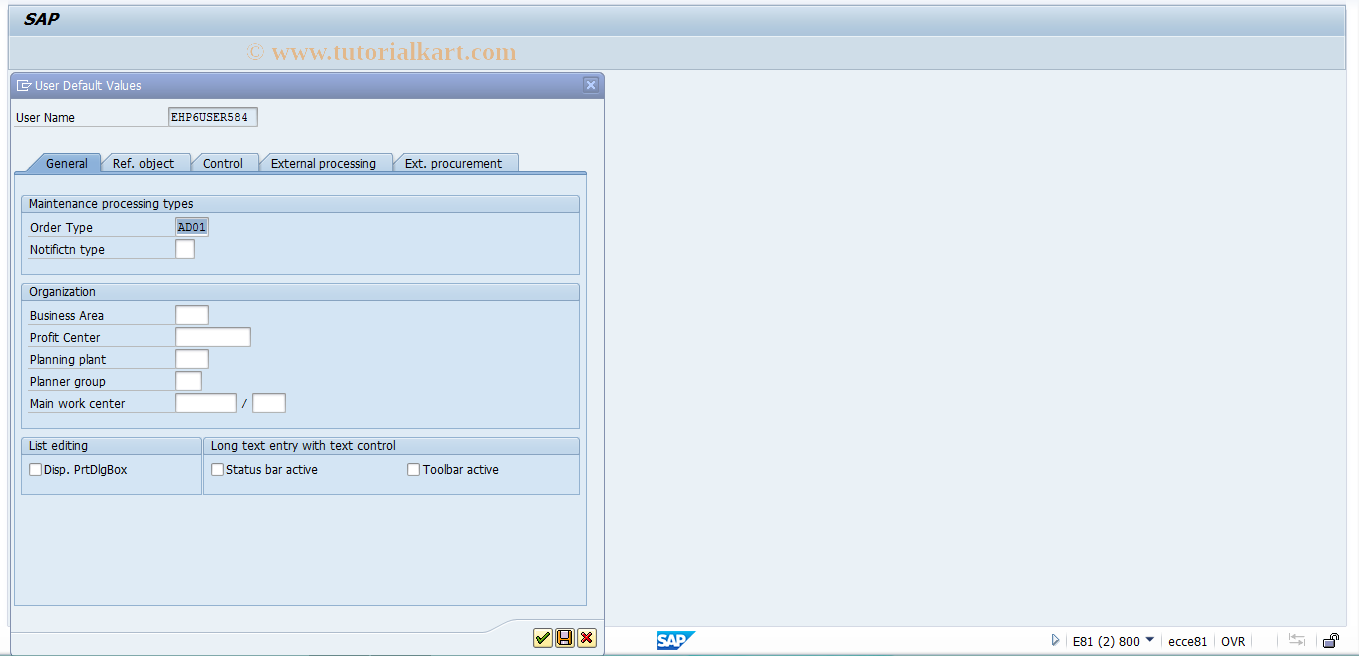 SAP TCode EAM_USER - User Settings for EAM
