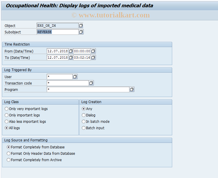 SAP TCode EHSPRANZ - Display Med. D. Import Logs