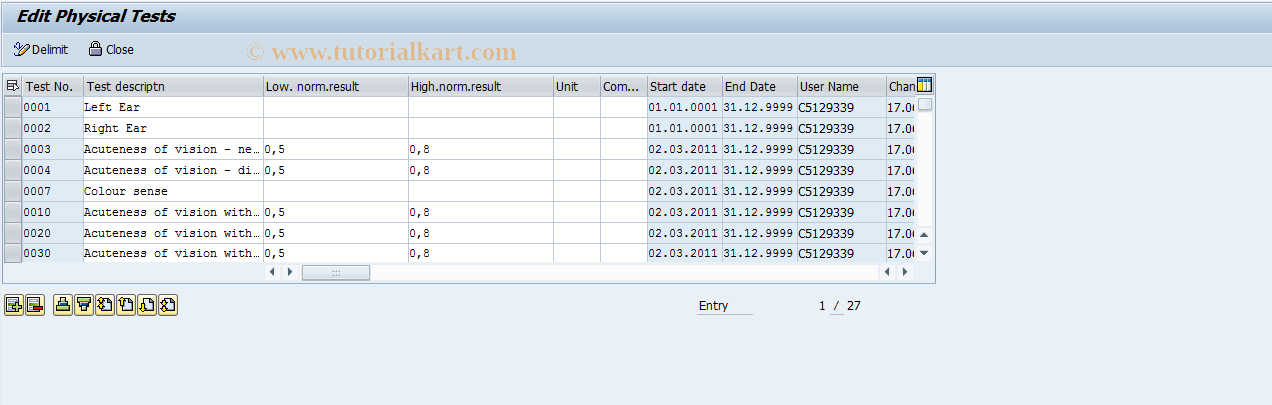 SAP TCode EHSVU21 - Edit Physical Tests