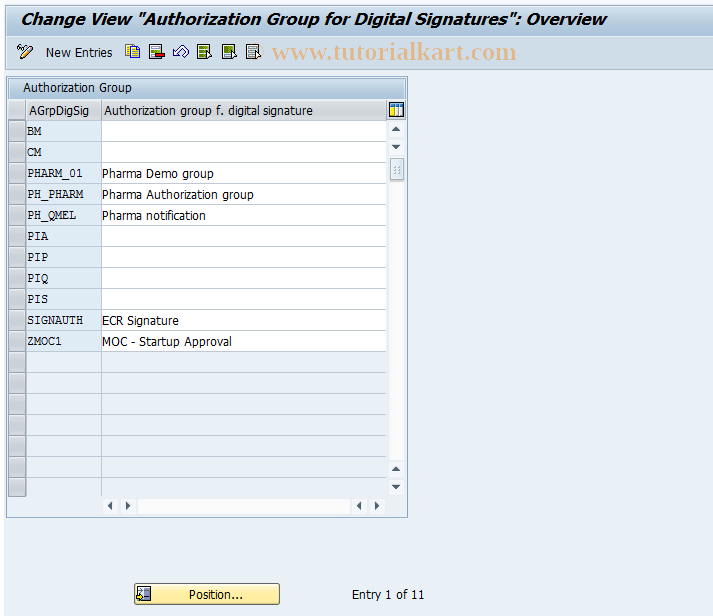 SAP TCode ELSIG01 - Authorization Group Digital Signatures