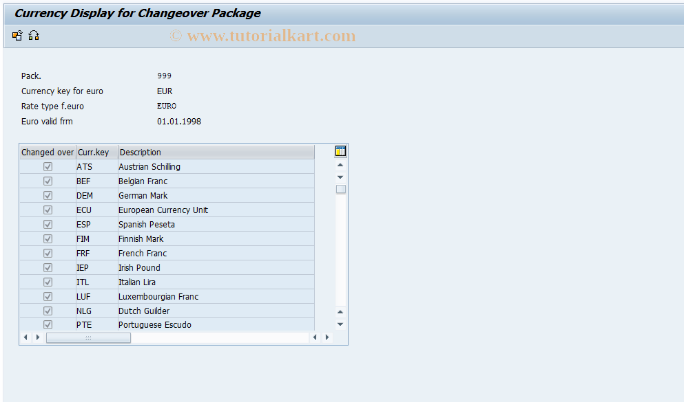 SAP TCode EW3Z - Currency Selection for Changeover Package