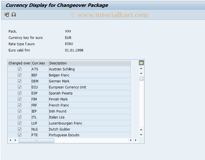 SAP TCode EW4Z - Currency Selection for Changeover Package