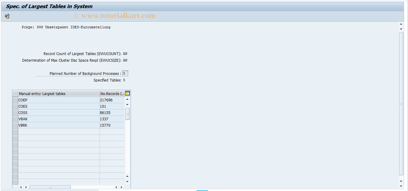 SAP TCode EWUS - Maintain Largest Tables